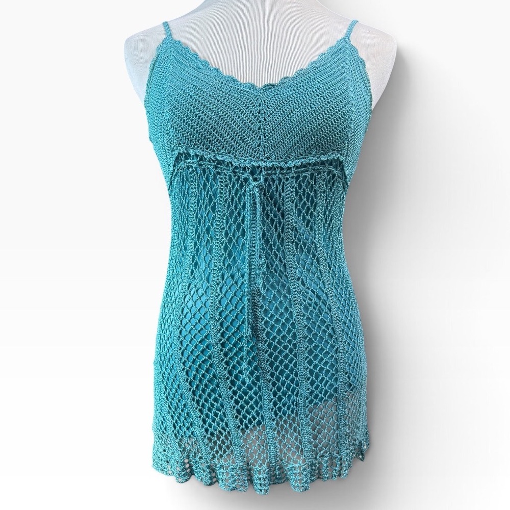Say What Crochet Dress Womens L Teal Blue Knit Mini Boho Y2K Sleeveless V-Neck